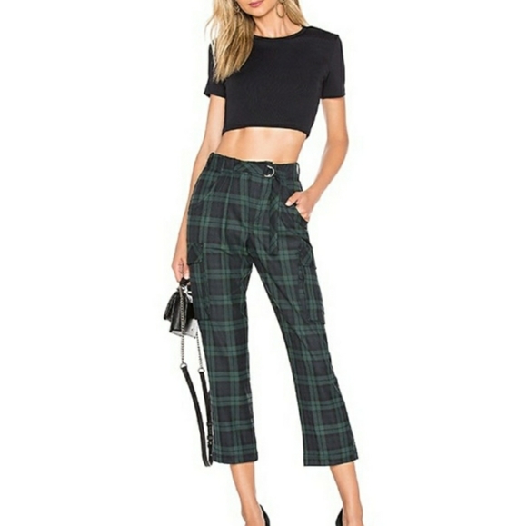 Free People Pants - Free People green plaid pleated waist tie Relaxed Slim Cargo Pants 4